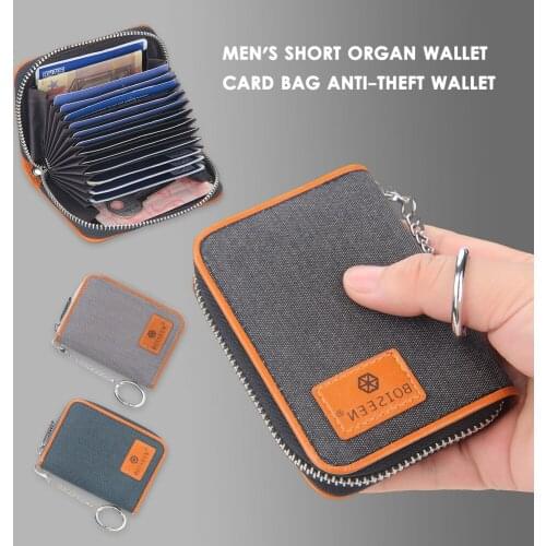 Men Vintage Patchwork Canvas Mini Organ Wallet Multi Layers Card Holder Male Zip around Anti-theft Short Purse