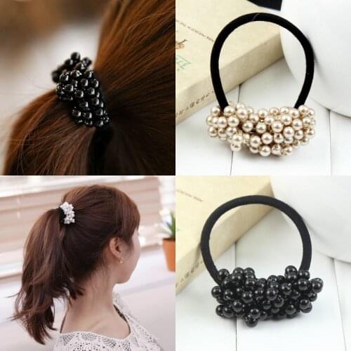 2016 New Fashion Pearls Black Elastics Hair Holders Rubberbands Girls Women Tie Gum Hot Sale Free Shipping