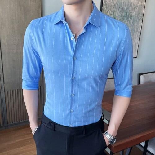 Spring summer mens high-end three-quarter sleeve slim-fit shirt men fashion business casual striped bamboo fiber stretch shirt