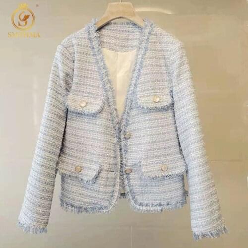 SMTHMA 2021 New Fashion Spring Autumn Korean Temperament Weave Tweed Woolen Coat Womens V-Meck Long-Sleeved Tassel Jacket