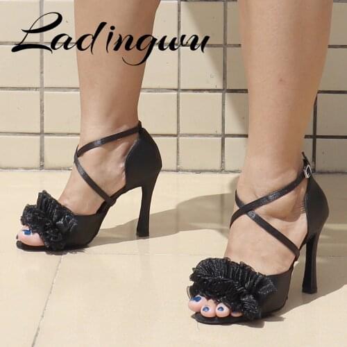 Ladingwu Ballroom Party Dance Shoes Women Black Silk flower Satin Soft Bottom Latin Dance Shoes Woman Salsa Wedding shoes Heels
