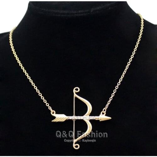 Vintage Gold Cupid Bow & Arrow Katniss Archery Charm Crystal Chain Necklace Jewelry New