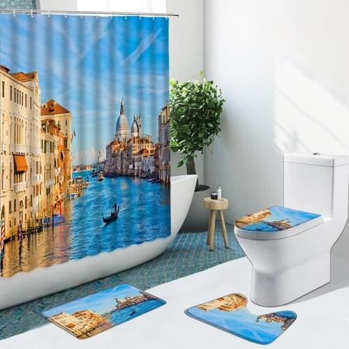 City Scenery Shower Curtain Retro Architecture River Bathroom Curtains Set Anti-Slip Rug Toilet Cover Carpet Home Decor Bath Mat