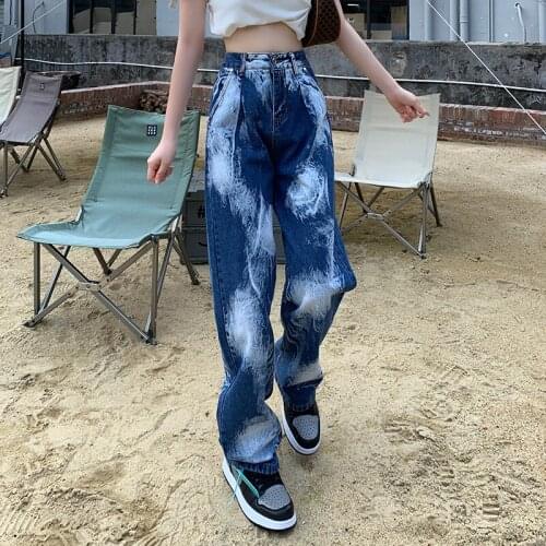 Spring and Autumn Large Size Women Blue Tie-Dye Street Harajuku Style Wide-Leg Straight-Cut Loose-Fit Jeans Denim Pants
