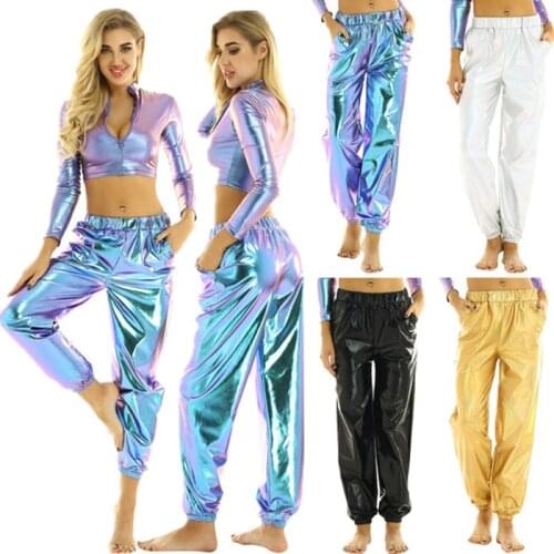 Womens High Waist Jogger Pants Hip Hop Club Wear Holographic Trousers Sweatpants