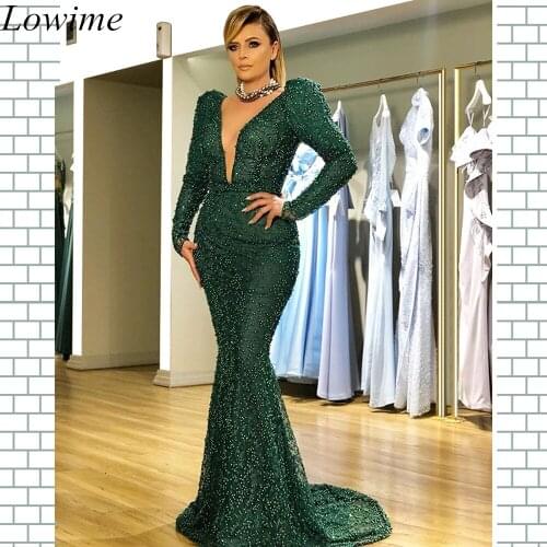 Plus Size Dark Green Arabic Formal Evening Dresses Long Mermaid Deep V-Neck Pearls Prom Dress Turkish Women Party Gowns Vestidos