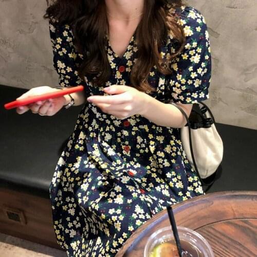 Korean Chic V-neck Summer Dress 2021 Short Sleeve Floral Mini Dress Elegant Retro Button Dresses Women Cotton Clothing New 15227
