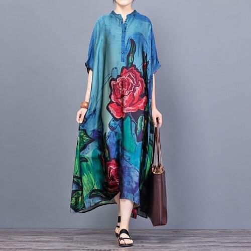 Ladies Dresses New Arrival 2020 Summer Original Literature Women Silk Floral Sundress Loose Maxi Dress Robe Vintage Femme 11323