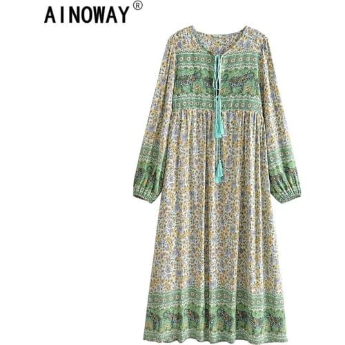 Vintage chic women Elephant floral print tassel beach Bohemian Maxi dress Ladies rayon cotton ethnic Boho sundress