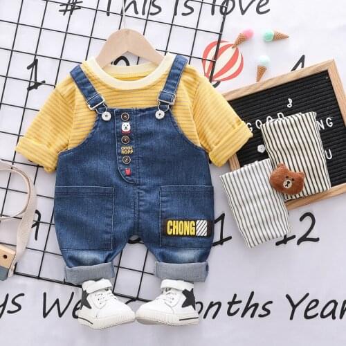 Spring Autumn Clothes Girls Boys Clothing Stripe Hoodie Coat+Jeans Overall 2pc/Sets Cotton Toddler Kids Costume Children Outfits