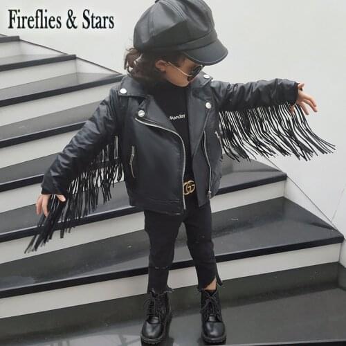 Spring Autumn girls PU jacket baby coat children fashion outwear kids streetwear faux leather long wing tassel 2 to 7 yrs