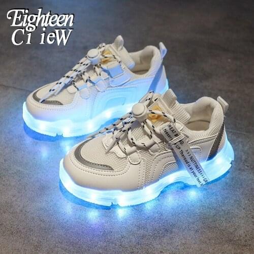 Size 25-36 Kids LED Glowing Shoes USB Charge Luminous Sneakers Fashion Girls Light Up Shoes Children Mesh Breathable Sneakers