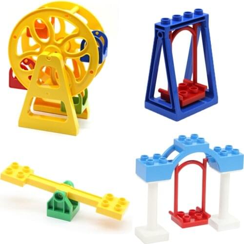 Amusement Park Big Size Building Blocks Duploe Playground Accessories Ferris Wheel Seesaw Swing Assemble Brick Toys For Children