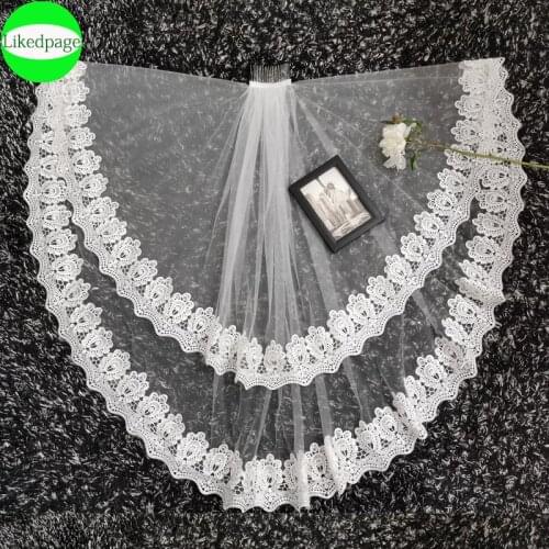 Short Wedding Bride Veil Two Layer Voile Mariage Welon Slubny Lace Edge Velo De Novia Cheap Sposa Weeding Accessoire 2021 Comb