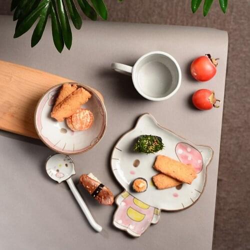 Creative Ceramic Tableware Hand-painted Pink Cat Dishes Cups and Spoons Set Modern Cute Cartoon Dessert Dish