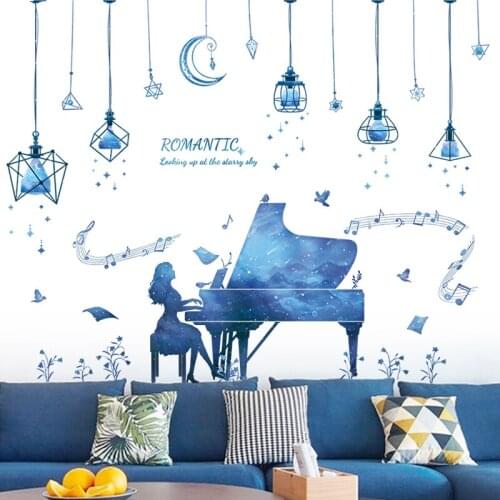 Creative Piano Girl Wall Stickers Home Decor Living Room Bedroom Decals for Furniture Starry Tree Deer DIY Art Posters Murals
