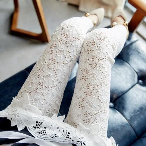 Womens Leggings Spring Summer Retro Froral Thin Hollow Lace Sexy Ladies Pants Comfortable Elastic Skinny Ankle-length Pants