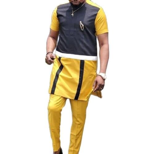 Patchwork Design Short Sleeve Tops And Long Pant Yellow Cotton Mens Sets Custom Suits African Fashion Party Wears