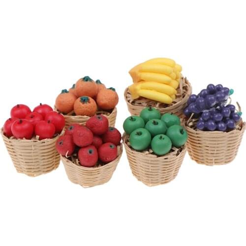 1/12 Dollhouse Miniature Accessories Mini Resin Fruits Basket Simulation Orange Apple Grape Model Toys For Doll House Decoration
