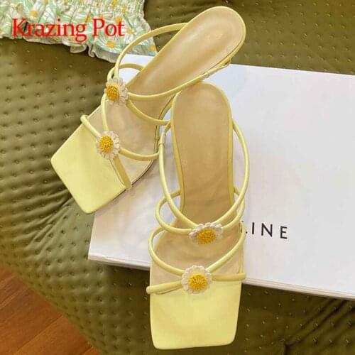 Krazing pot square toe sling back thin high heel French romond Princess sweet girl flower slip on summer mules women sandals L57