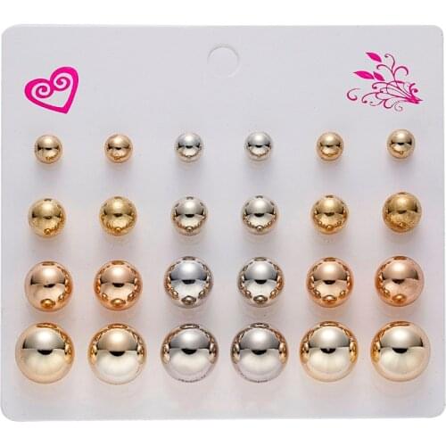 12Pairs/set Zircon Crystal Round Ball Geometry Earring Sets Fashion Shining Rhinestone Gold Stud Earrings Women Jewelry