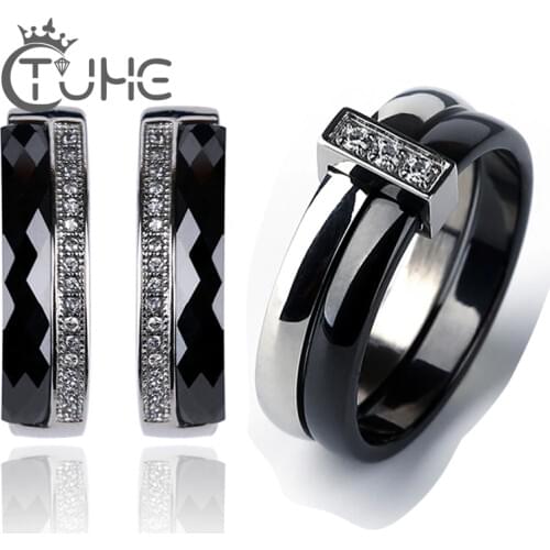 New Stainless Steel Engagement Jewelry Sets For Women Lady One Row CZ Crystal Never Lose Color Ceramic Stud Earrings Rings Gifts