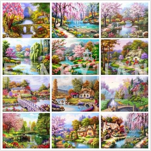 Full Square Round Diamond Painting Garden Tree Flowers Scenery Needlework Rhinestone Embroidery Mosaic Wall Art Home Decoration