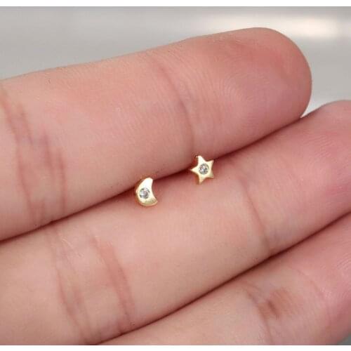 Cxwind Simple Star Earrings Stud CZ Ear Crescent Moon Piercing Earrings Women Girl Tiny Boho Beach Delicate Lucky Jewelry Gift