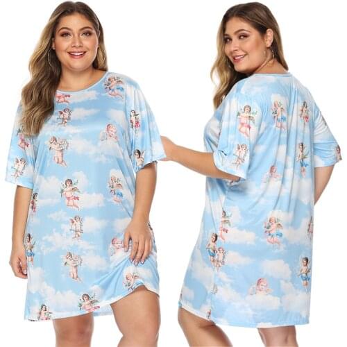 Plus size women Nightdress Cartoon Casual sleepdress Fashion Short Sleeve Dress Loose Home Skirt ночная сорочка night gown