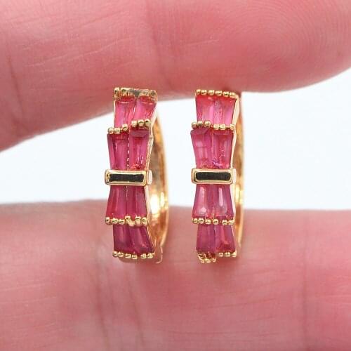Gold Color Women Fashion Rose Red Cubic Zirconia CZ Bowknot Huggie Hoop Earrings Jewelry