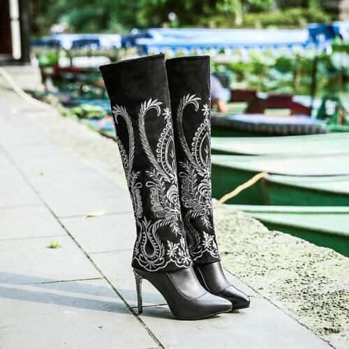 Womens Pointed Toe Embroidery Knee Thigh Boots Stretchy Stilettos Rhinestones Heel Shoes Ethnic Real Leather Sexy New 2022