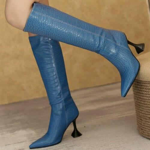 Black Blue Apricot Women Knee High Boots Pointed Toe Strange Style Ladies Chunky Boots Faux Leather High Quality Womens Boots
