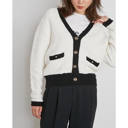 Japan Style Sweater Coat Women New Autumn 2021 Elegant V Neck Long Sleeve Color Contrast Knitted Cardigans Office Lady Tops