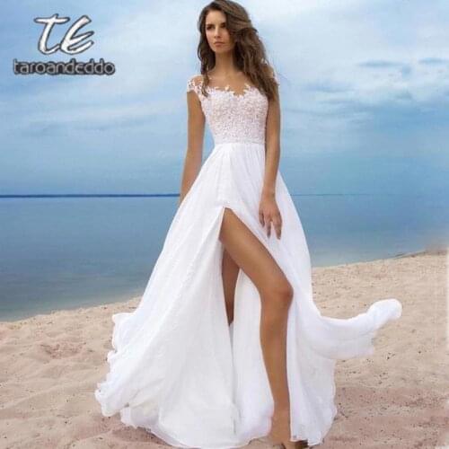 Cap Sleeves Front Slit Wedding Dresses Scoop Neckline A Line Sleeveless Illusion Back Sweep Train Bridal Gown Vestido De Novia