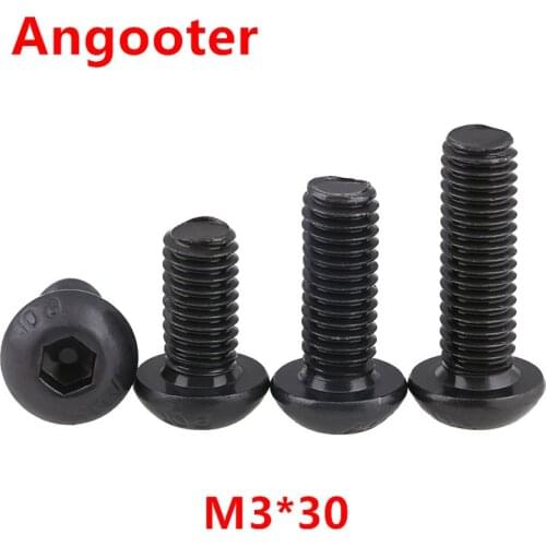 100pcs ISO7380 M3*30 Black Steel 10.9 grade Round Head Screws M3x30 Hex Socket Button Head Cap Screw Screws Bolts