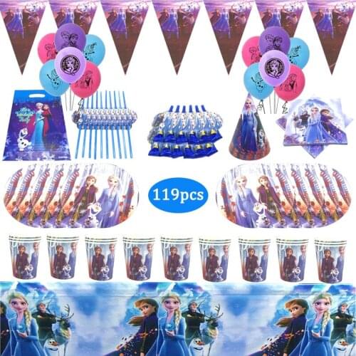 119pcs Disney Frozen2 Elsa & Anna Theme Birthday Party Decoration Disposable Tableware Peper Cup Plate Baby Shower Gift Supplies