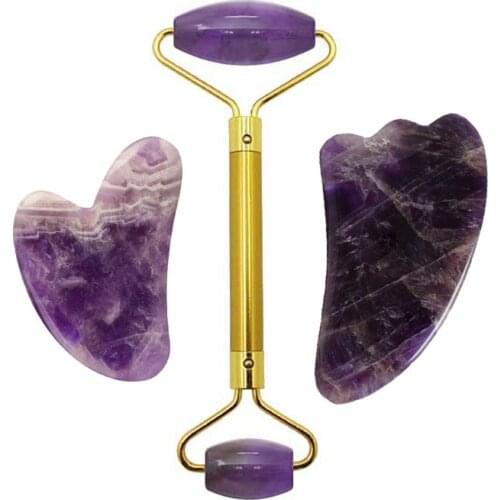 3pc Natural Amethyst Jade Roller Guasha Board Set Purple Crystal Face Massager Facial Massage Tool Gua Sha Scraper Face Roller