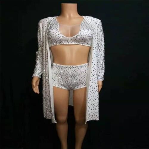 T30 White female stage costume full rhinestones cloak dj wears party dress crystal bra short 3 pieces outfit women clothes club
