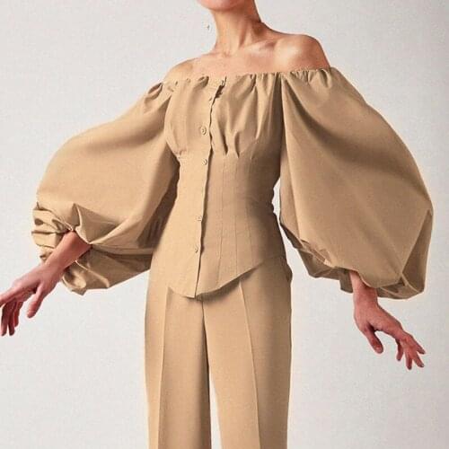 Big Puff Sleeve Blouses for Women Off Shoulder Button Down Female Shirts Chic Design Blusa Tops