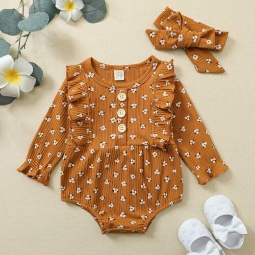 Baby Spring Autumn Clothing Floral Print Clothes Set Long Sleeve O-neck Jumpsuit with Ruffles + Bow-knot Headband 0-24 M