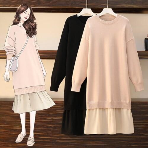 EHQAXIN Plus Size Womens Knitted Dresses 2021 Autumn Winter Fashion Loose All-Match Sweater Stitching Dress Casual Style M-4XL