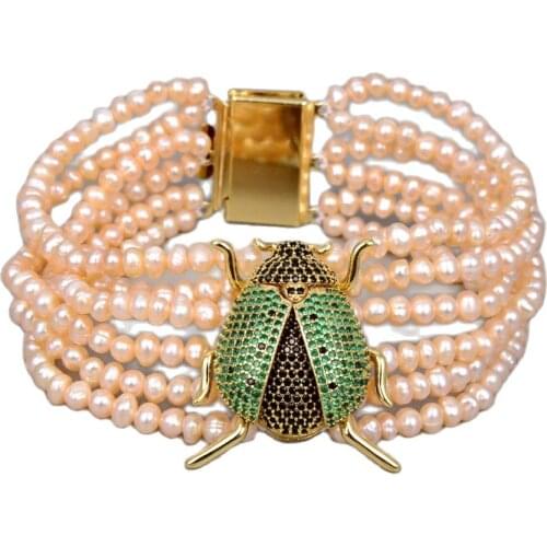 GG Jewelry 8" 6 Strands Pink Freshwater Pearl Cubic Zirconia Micro Pave Bee Bracelet Animal Insect Bracelet For Women
