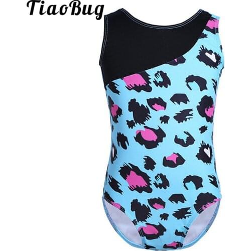 TiaoBug Girls Leopard Print Professional Gymnastics Leotard Sleeveless Ballet Leotard Practice Sports Bodysuit Kids Dance Wear