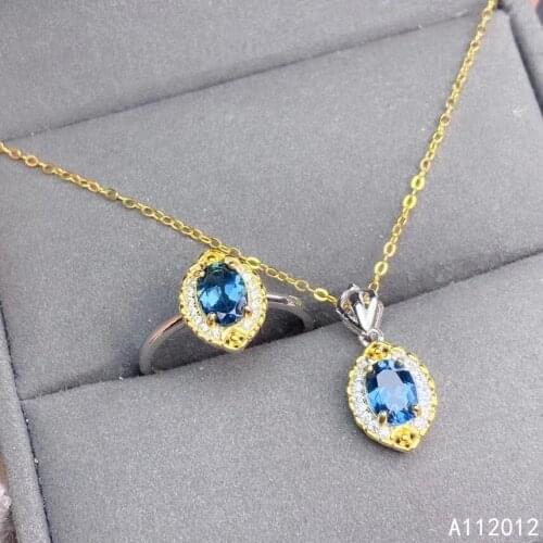 KJJEAXCMY Fine Jewelry 925 sterling silver inlaid natural blue topaz new girl luxury pendant ring set support test hot selling