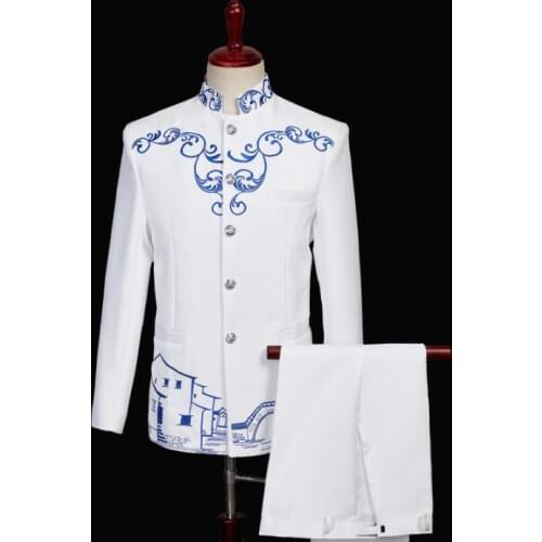 Chorus white Chinese tunic suit for men blazer boys prom mariage suits fashion slim masculino latest coat pant designs singer