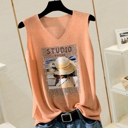 Ice Silk Knitted V-neck Top Women Sleeveless Rhinestone T Shirts Summer 2021 New Female Slimming Tops