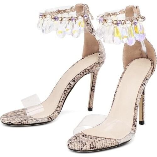 Summer noble rhinestone pearl crystal snake pattern Roman womens sandals banquet dress large size all-match stiletto heels