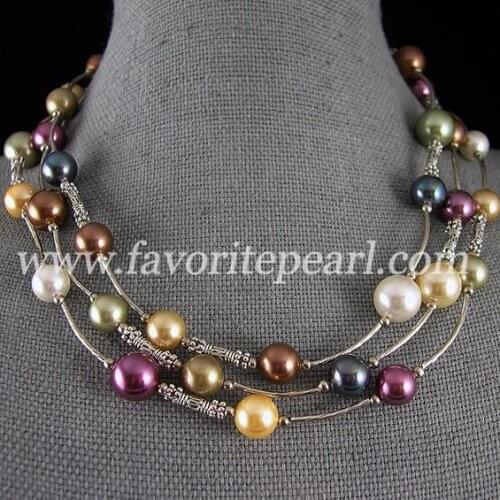 Favorite Pearl Necklace 10-12mm 18 inches Triple Row Rainbow Color Mother Of Pearl Necklace Tible Silver Tube Handmade Fine Gift