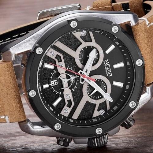 MEGIR Quartz Watches Men 24 Hours Chronograph Wristwatch Man Top Brand Luxury Relogios Masculinos Clock Leather Watch 2120 white