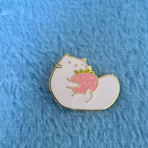 Cat Kitty Eat Strawberry Pin Metal Fruit Kawaii Brooch